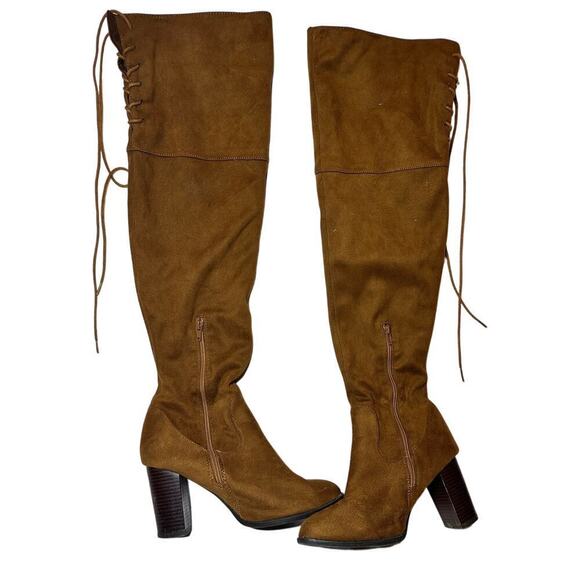 Size 8 Tan Faux Suede Lace Up Calf Knee High Heeled Boots Western Cowboy Carter - Picture 1 of 6